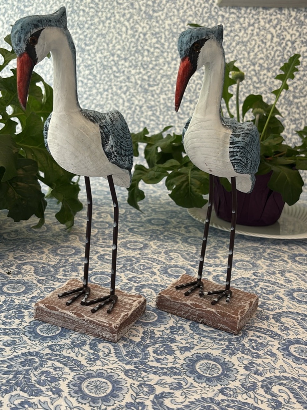 Hand-Painted Wooden Shorebird Pair in White, Blue and Red